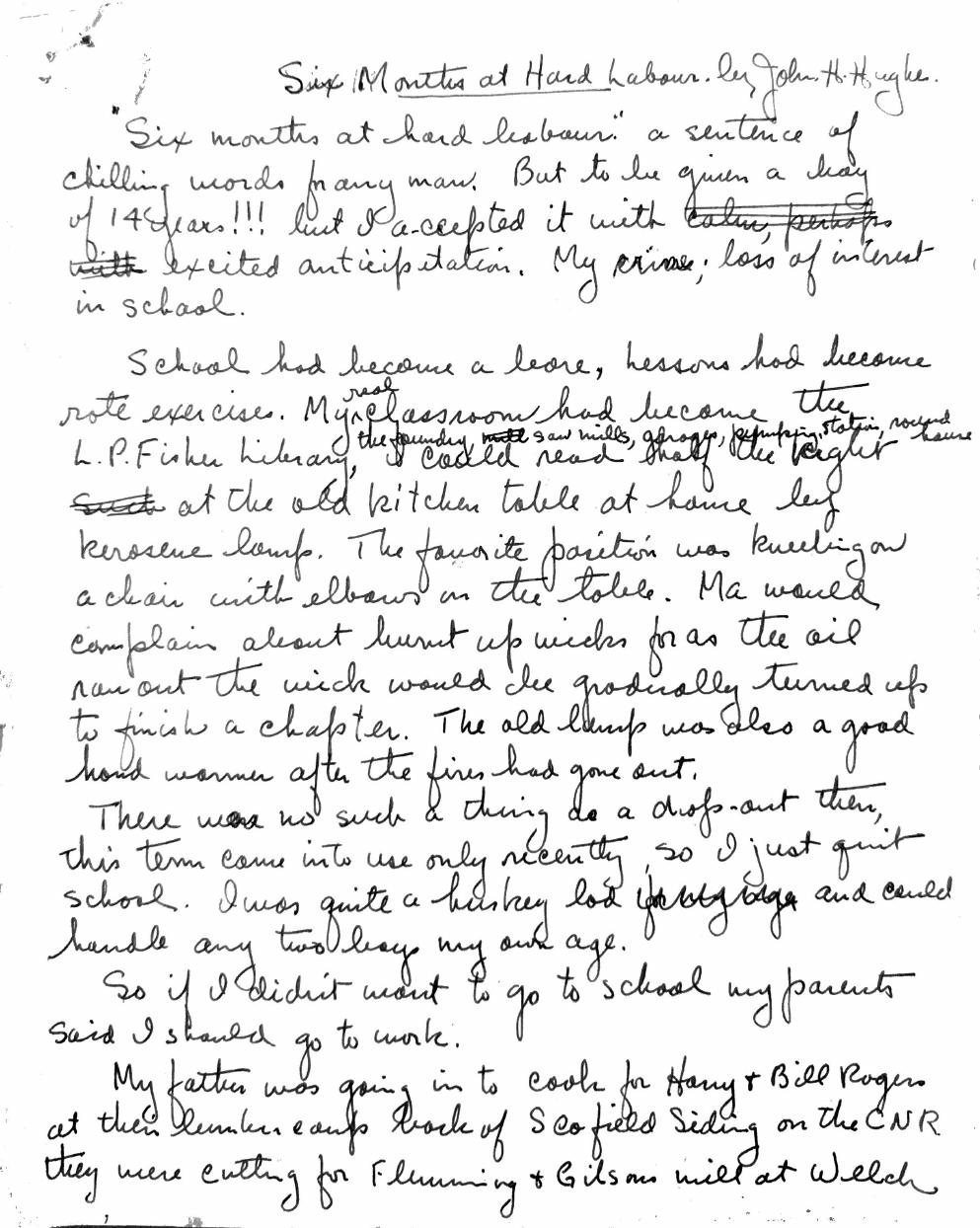 The first page of John H. Hughes’s handwritten story